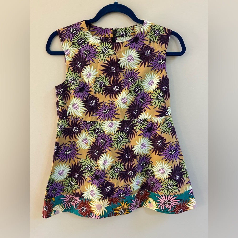 Marni Italy Caramel Purple Flower Print Floral Cotton Sleeveless Shirt Blouse